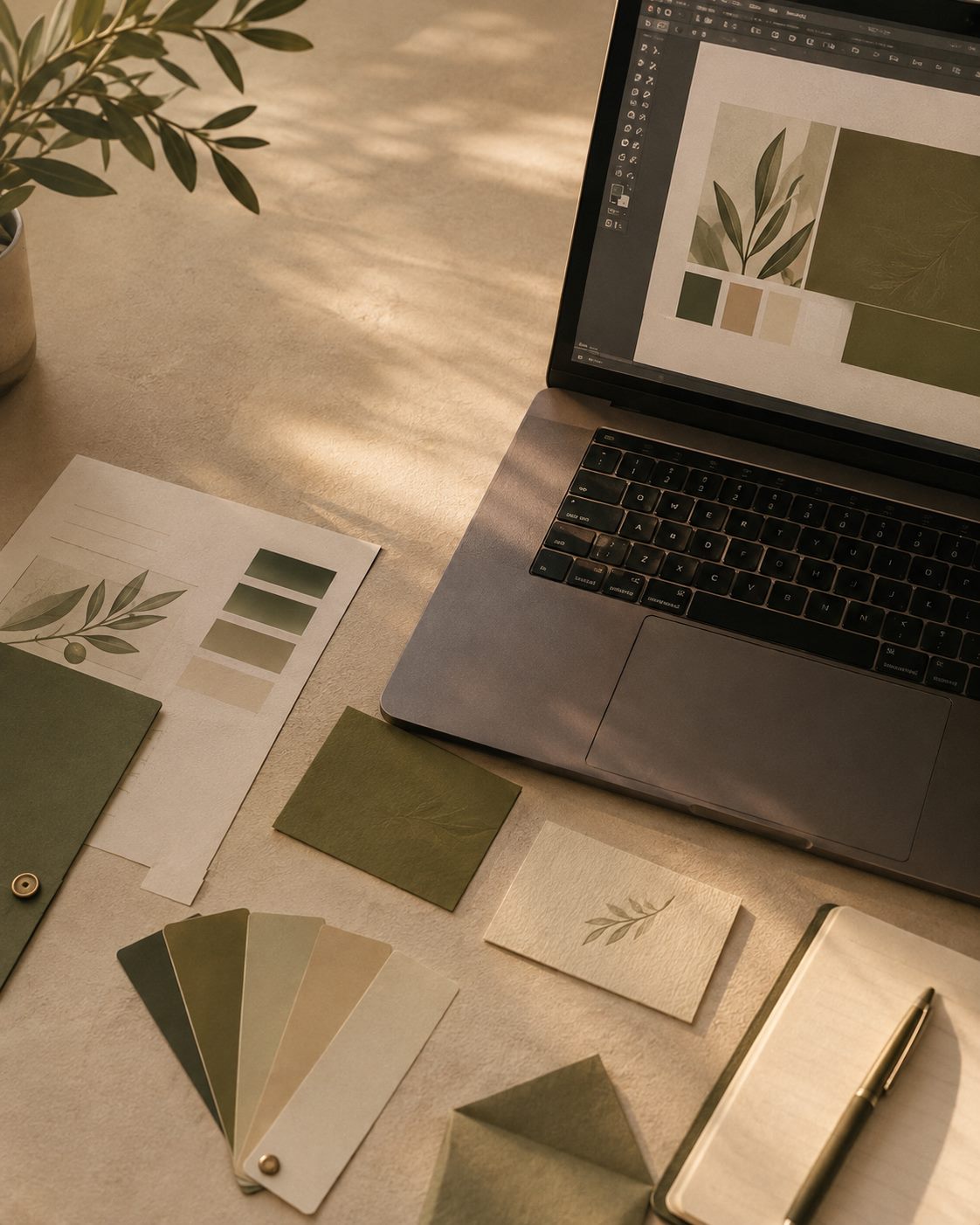 Amostras de cor, papel e tipografia de um projeto de identidade visual