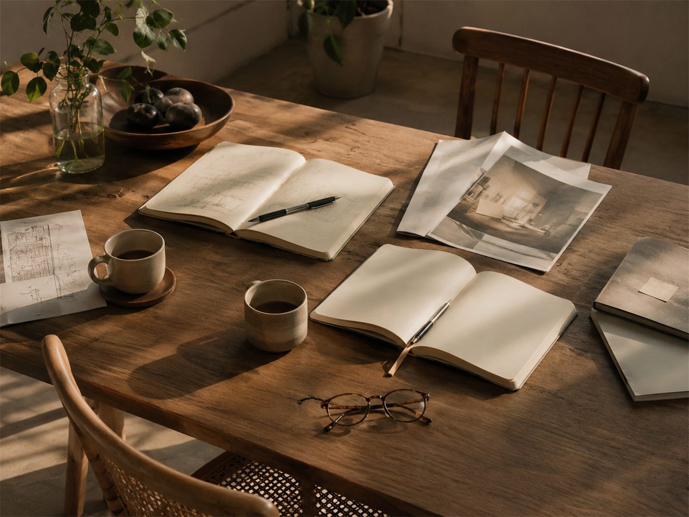 Ambiente de trabalho da Oliver Company com material de marca sobre a mesa